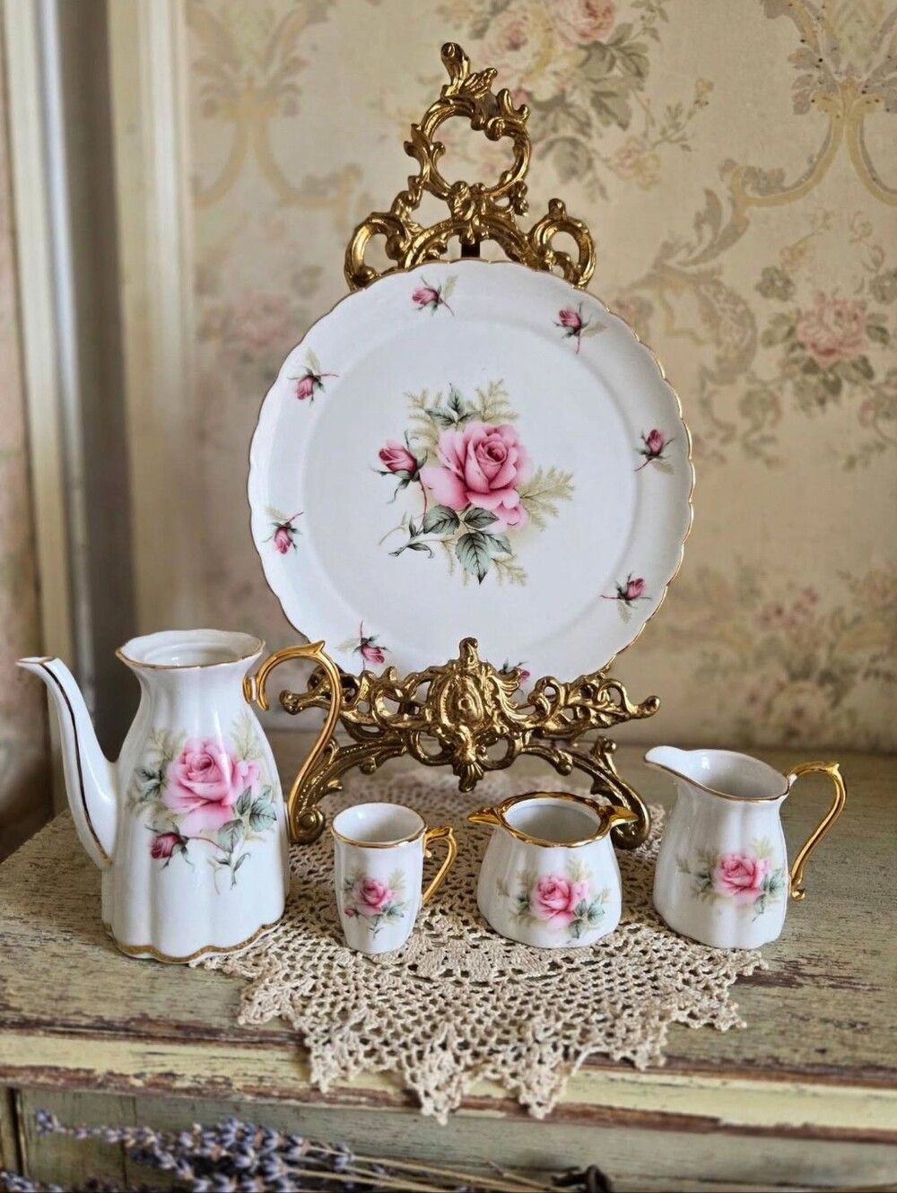 Vintage Avon Miniature Tea Set Pink Roses & Gold Trim (5 Pieces)